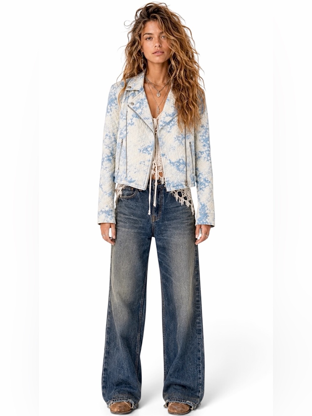Anthropologie | Marrakech – Quilted Moto Jacket - Tie Dye Blue Ivory – Sz. S